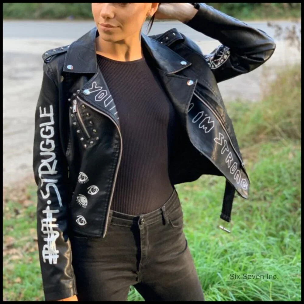 Faux Leather Punk Biker Jacket with Belt and Rivet Decoration - Picture 7 of 7